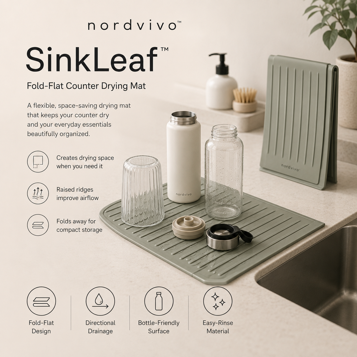 nordvivo™ SinkLeaf™ Fold-Flat Counter Drying Mat