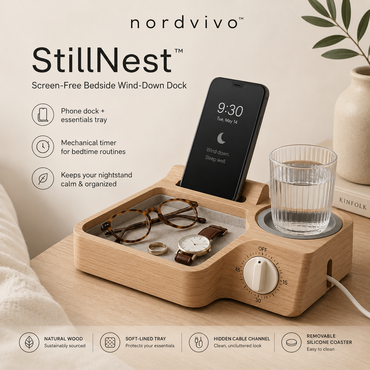 nordvivo™ StillNest™ Screen-Free Bedside Wind-Down Dock